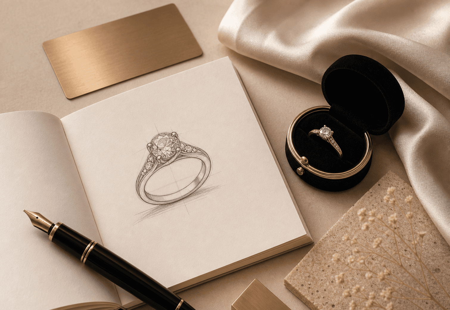 Private custom jewelry consultation notebook and finished ring