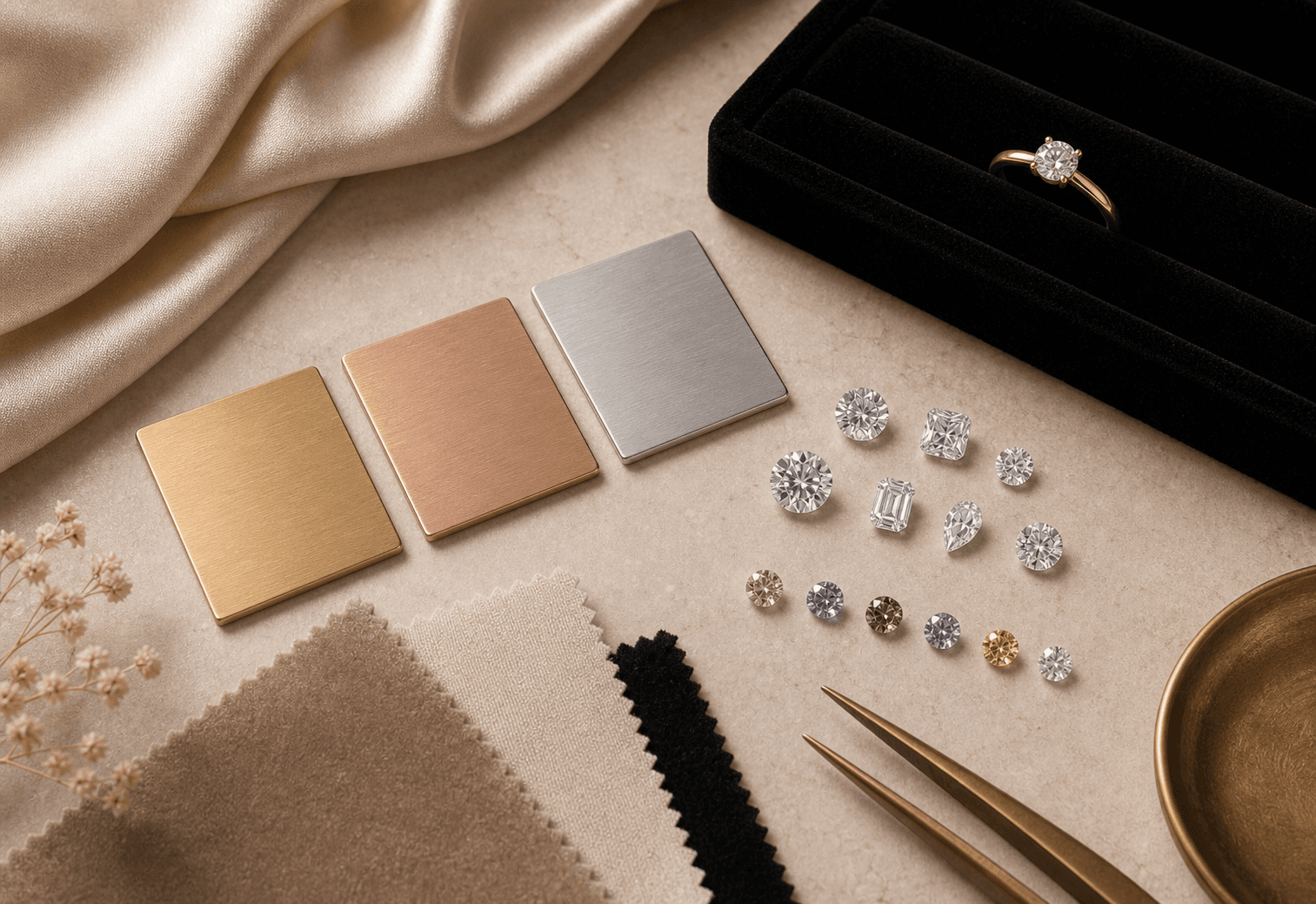 Daili material palette with gold tones, birthstones, and diamond rings