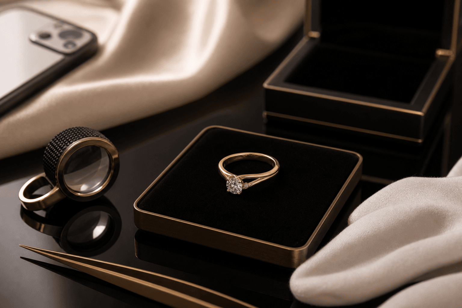 Final quality inspection of a custom diamond ring before shipping