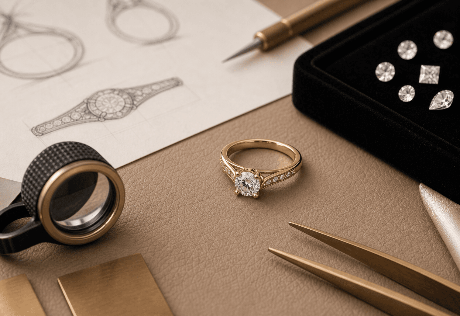 Refined custom diamond ring with atelier tools and sketches