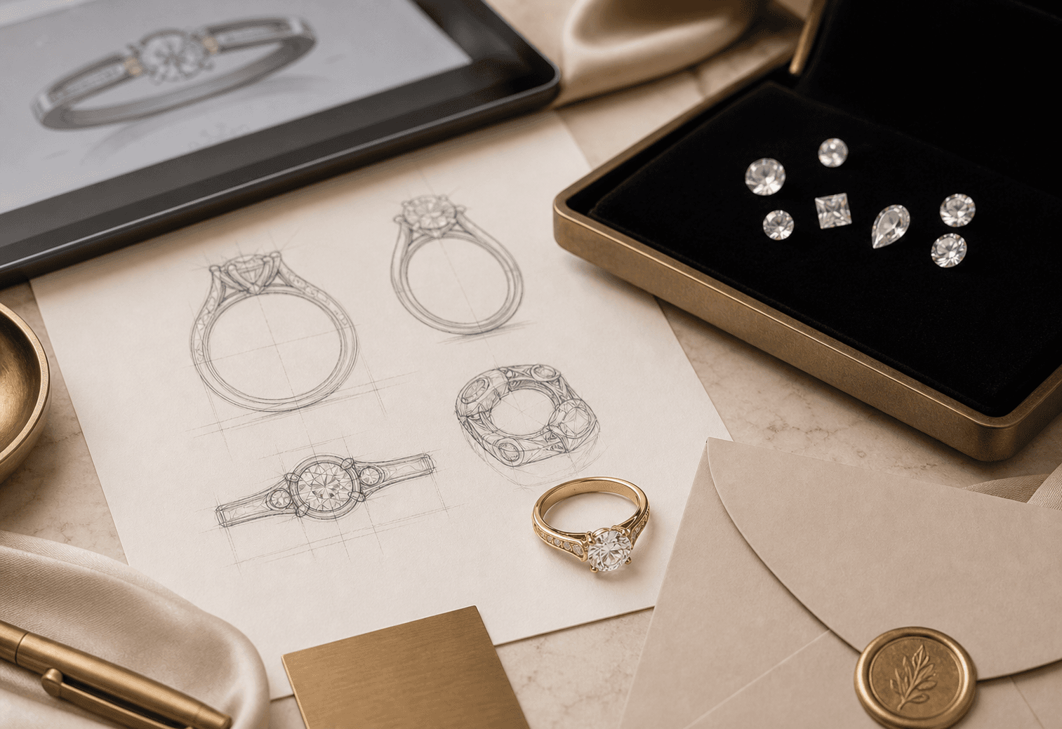 Daili custom jewelry consultation materials with CAD preview and loose diamonds